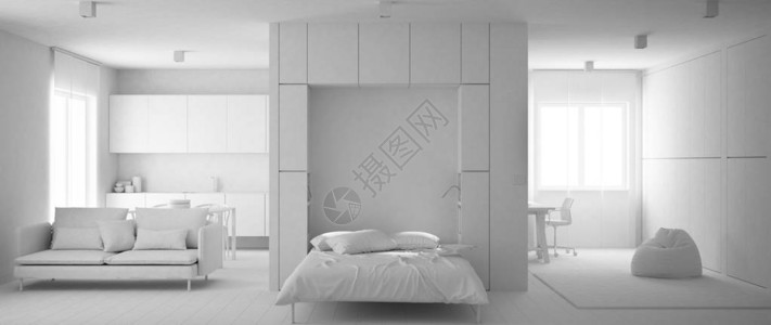 带厨房客厅和家庭工作场所地毯毛皮干净的室内设计现代概念理的一室公寓中的墨菲墙背景图片