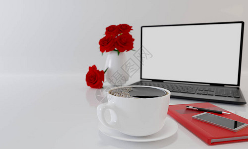 一杯黑咖啡红书和白色背景和壁纸上的智能手机模糊黑色笔记本电脑和白色花瓶中的红玫瑰复制情人节和财务的空间和概念背景图片