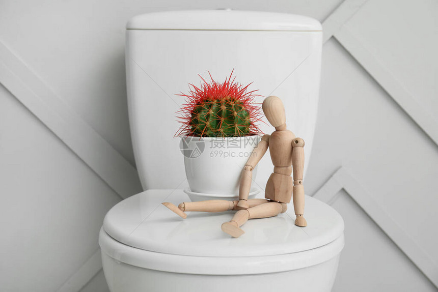 厕所里的马桶仙人掌和木制人形痔疮概念图片