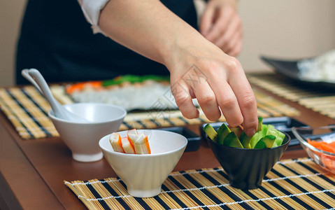 从准备做寿司的原料中提取切片鳄梨无法辨图片