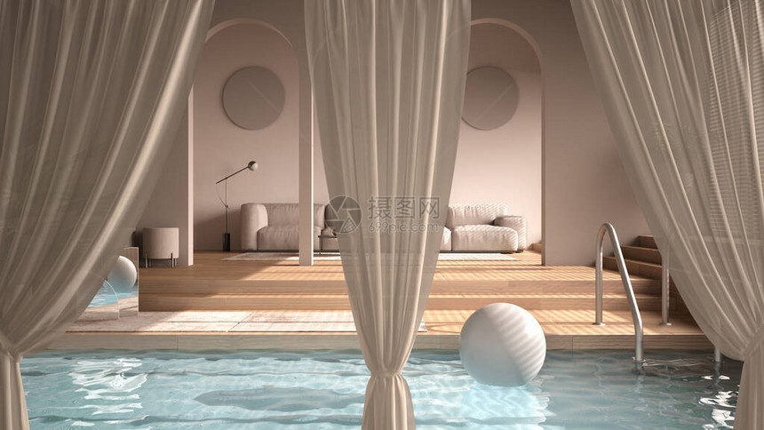 白开窗帘覆盖的客厅游泳池室内设计背景剪切路径垂直折叠软拖板纺织纹理带复制空图片