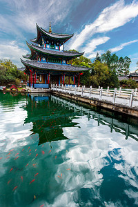在云南李江玉春公园的黑龙泳池上美景如玉龙雪山图片