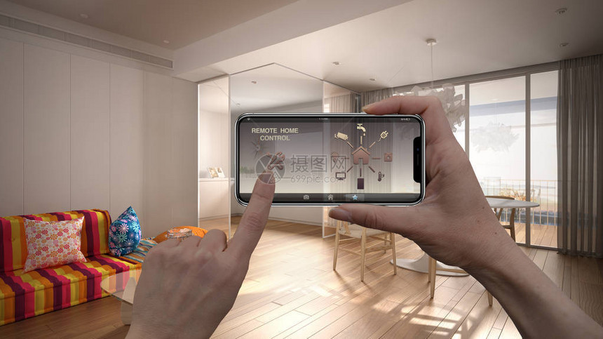 数字智能手机平板电脑上的远程家庭控制系统带有应用程序图标的设备以厨房为背景的简约彩色客厅内图片