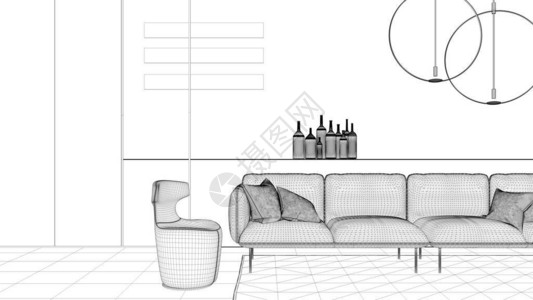 蓝图项目草案现代客厅沙发扶手椅地毯混凝土墙面板和装饰吊灯室内设计氛背景图片