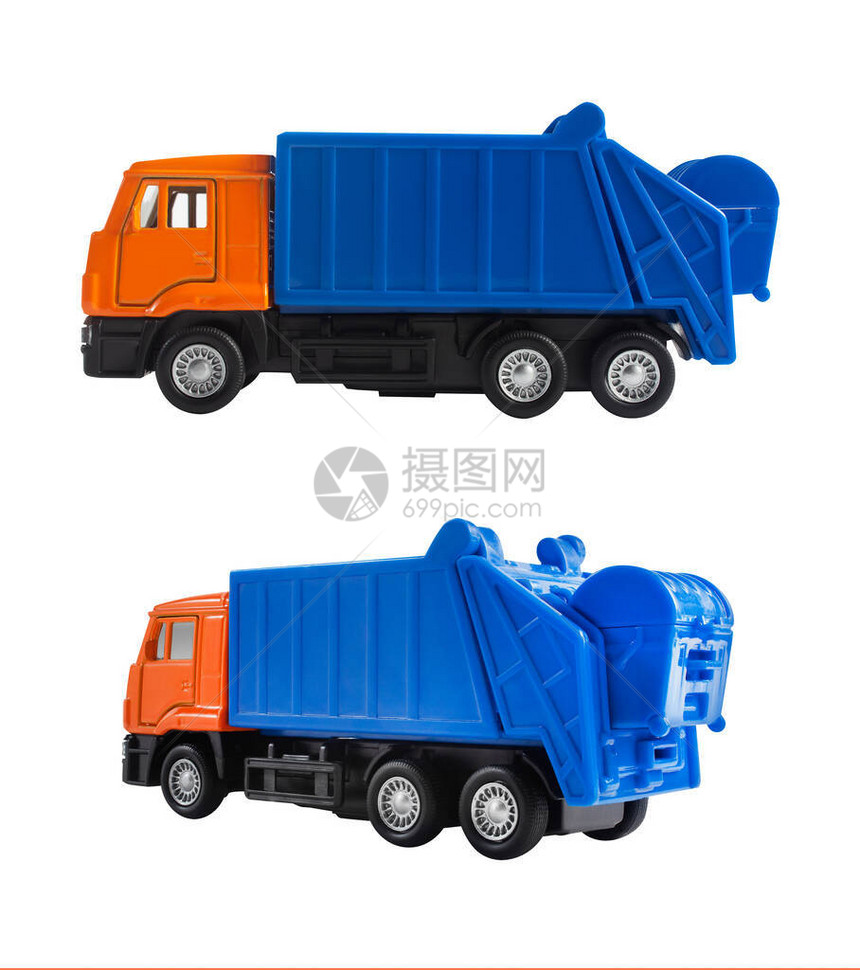 白色背景图和角度视图上的玩具垃圾车的相片图片