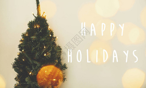 节日快乐在圣诞树上的文字标志和节日白色房间里的金色灯光散景小冷杉圣诞图片