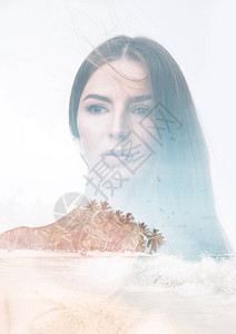 一位年轻体贴的女人的双重曝光肖像与海洋景观的照片相结合显示人与自然统一的概念图像自由暑假在白图片