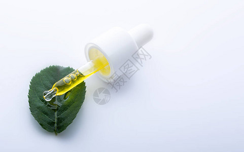 液体黄色油血清在滴管与绿叶在白色背景与复制空间天然化妆品面图片