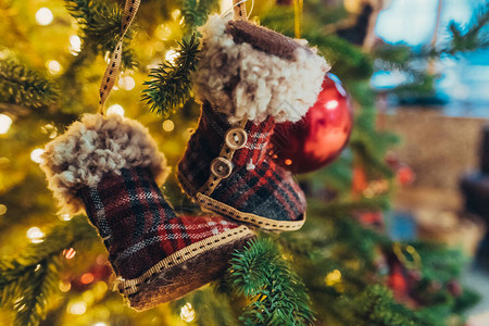 圣诞树枝的特写与装饰小装饰鞋图片