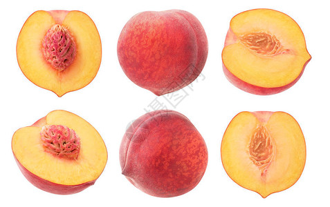收集整片和切成一半的桃子果实背景图片