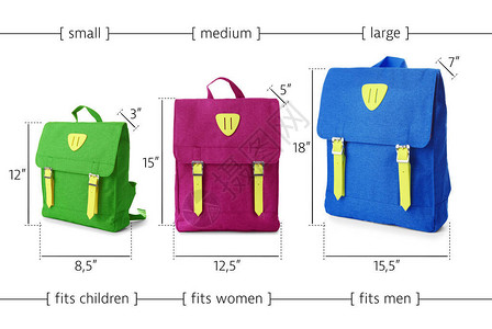 白色背景上不同尺寸的背包图片