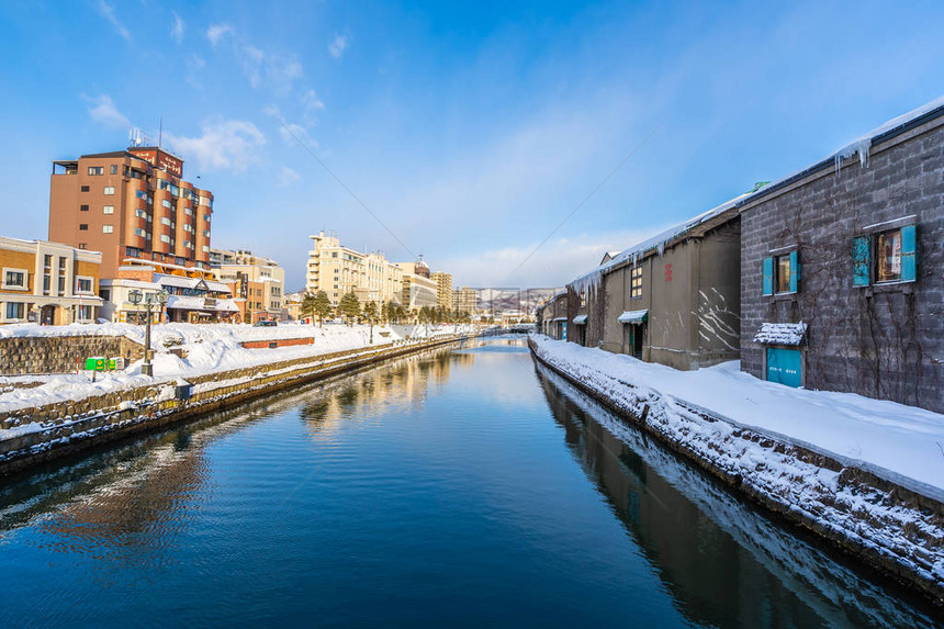 日本北海道冬季和雪季的大田运河风景美图片