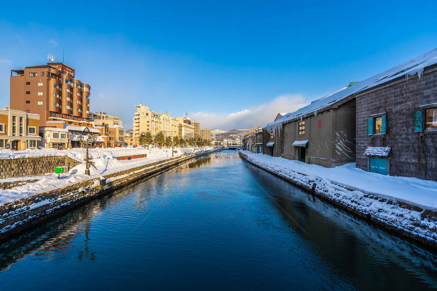 日本北海道冬季和雪季的大田运河风景美图片