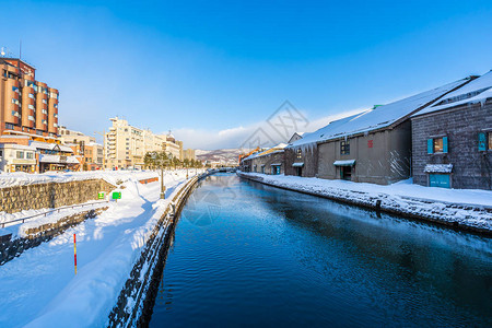 日本北海道冬季和雪季的大田运河风景美背景图片