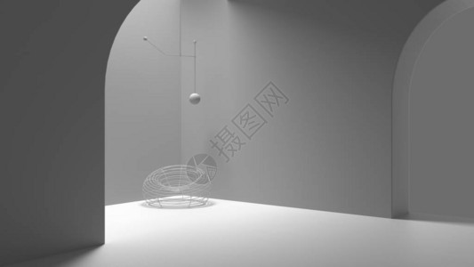 全白项目草稿虚构建筑带拱窗的空地室内设计金属扶手椅灯混背景图片