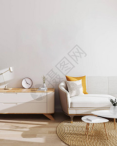 现代内部背景样机带白墙的和现代简约家具斯堪的纳维亚风格图片