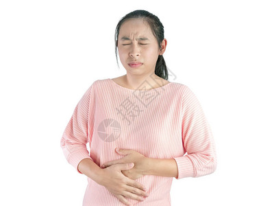患有胃痛的不健康的亚洲妇女图片