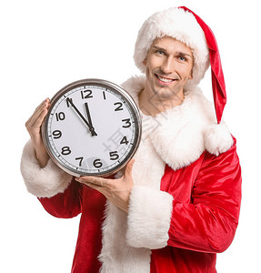 穿着圣诞老人服装和白背景有钟表的年轻人图片