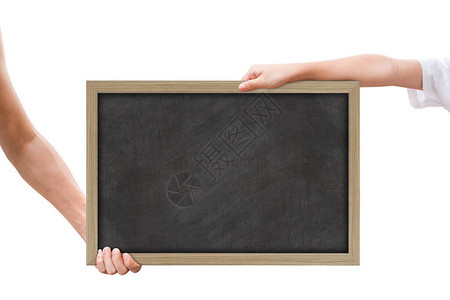 两手握着黑板在白背景与剪切路图片