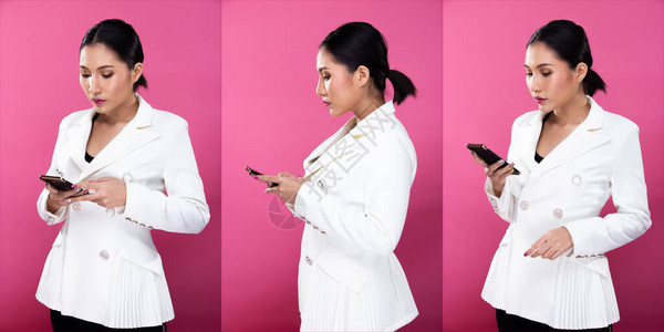 拼贴组包亚洲女商人肖像穿着白色正式西装外套图片
