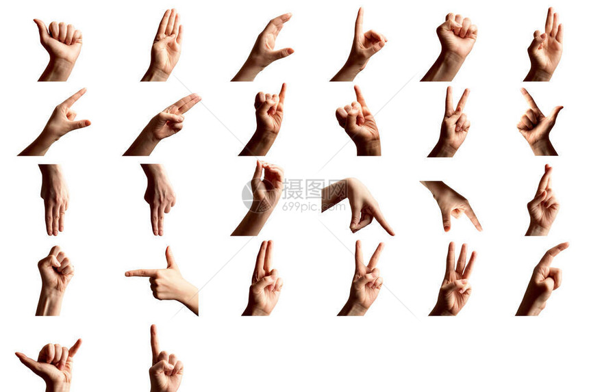 用美国手语ASL拼写字母一组女人在白色背景上显示字母图片