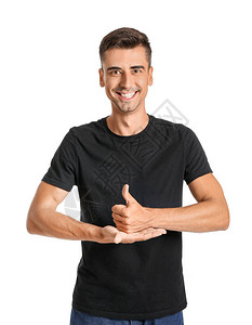 在白色背景下使用手语的年轻聋哑人图片
