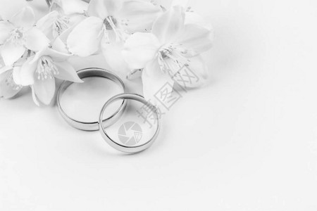 一对金结婚戒指和白色茉莉花背景图片
