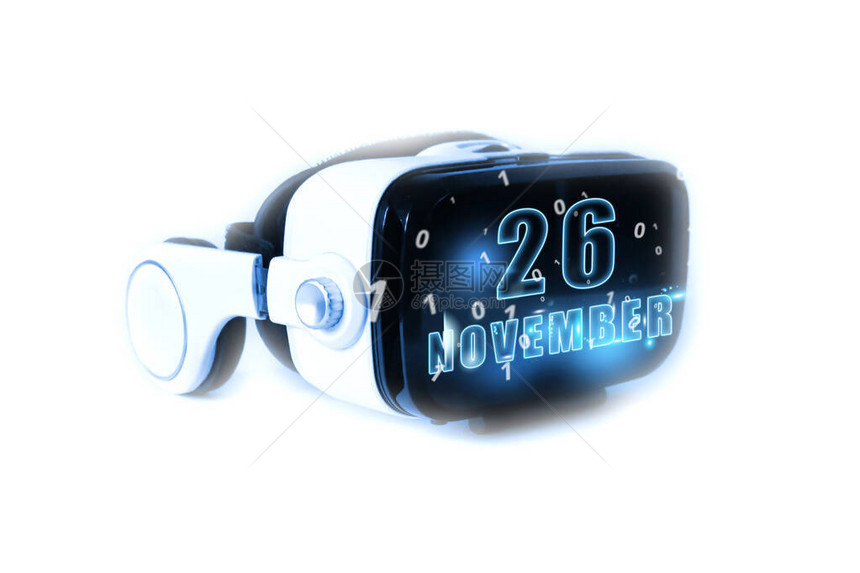 11月26日每月第天日历期月份和日期在虚拟现实头盔或VR眼镜上发光虚拟技术未来3D现实虚拟日历规划时间管理用于网页设计的日历图片