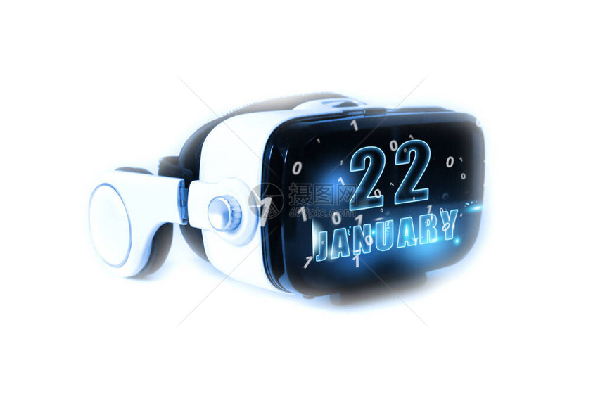 1月22日每月第22天日历期月份和日期在虚拟现实头盔或VR眼镜上发光虚拟技术未来3D现实虚拟日历规划时间管理用于网页设计的日历图片