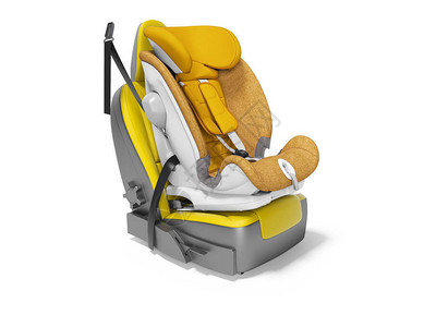 黄色汽车座椅上带isofix的橙色婴儿汽车座椅3d在白色背景上图片