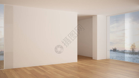 空荡的室内设计带白墙和镶木地板的开放空间现代建筑全景窗户晨光带复图片