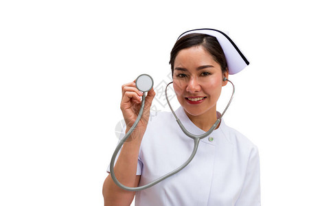 在白色背景和剪切路径上拿着听诊器的护士长图片