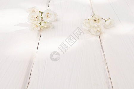 白木本底的白色小玫瑰背景图片