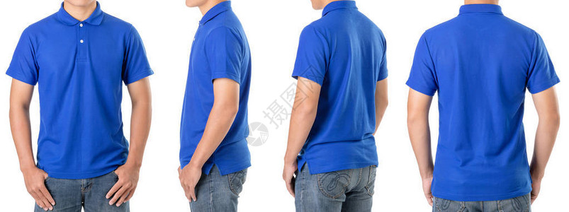 亚洲青年男子穿着蓝色马球T恤的空白工作室拍摄图片