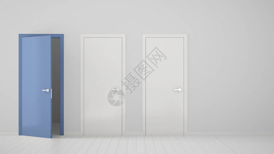 有两扇白色封闭门和一扇带框架的蓝色敞开门图片