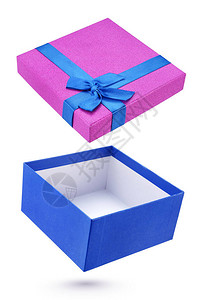 开放的蓝色和紫色礼品盒在白背景与图片