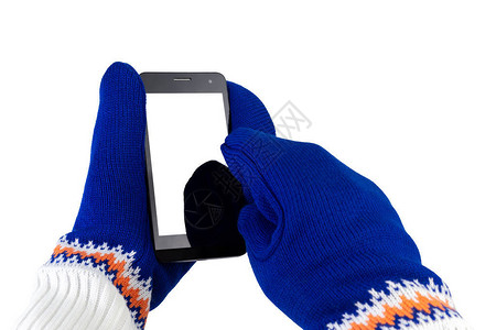 白色蓝手套的手机与图片