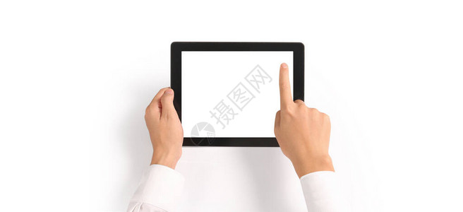手拿着带有隔离屏幕的平板电脑触摸电脑小工具图片