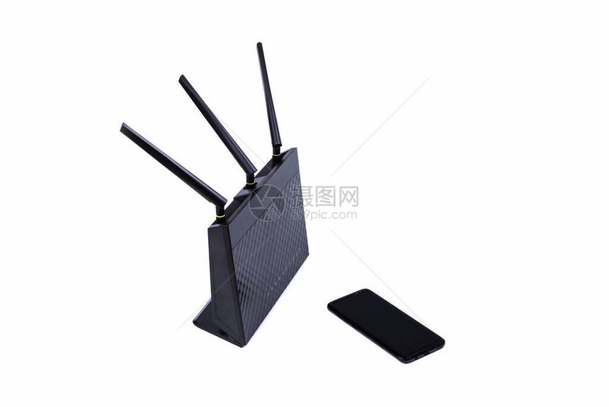 黑色无线wifi路由器电缆有线调制解调器和现代不以白色隔离的智能手机命名互联网连通和一般简单网图片
