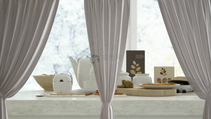 白开窗帘覆盖的早餐桌内部设计背景前视剪切路径垂直折叠软拖盘纺织品纹理带有复制空图片