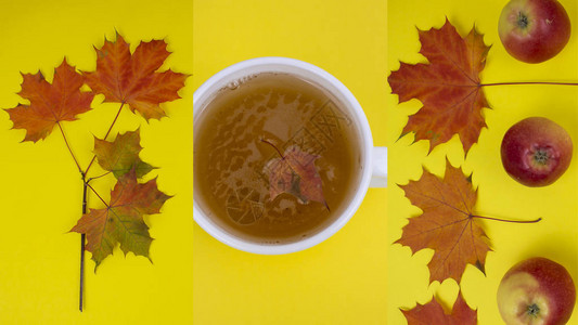 秋天的静物一杯茶枫叶和苹果秋天的季图片