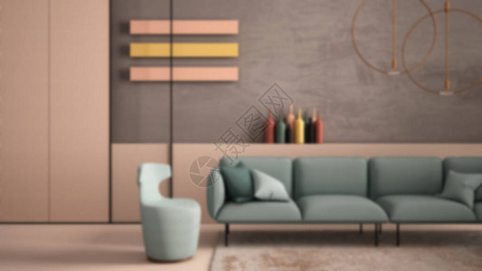 模糊背景室内设计现代客厅沙发扶手椅地毯混凝土墙面板和装饰吊灯氛背景图片