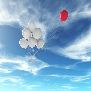 红气球飞离天空中的一群白气球背景图片