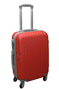 红色塑料手提箱手柄和车轮在白图片