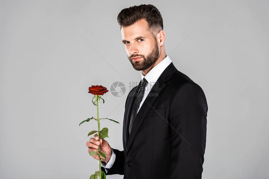 穿着黑色西装和红玫瑰的优雅胡子商人在