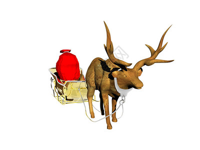 驯鹿用一袋礼物拉着雪橇图片