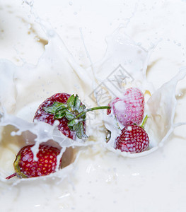 草莓掉进牛奶里喷雾特写图片