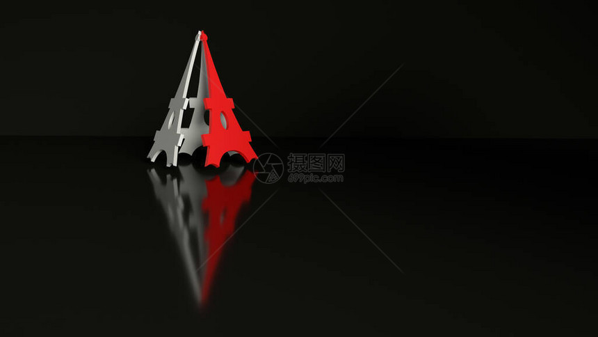 红色部分和一组白色金字塔形埃菲尔铁塔在黑色背景上与反射图片