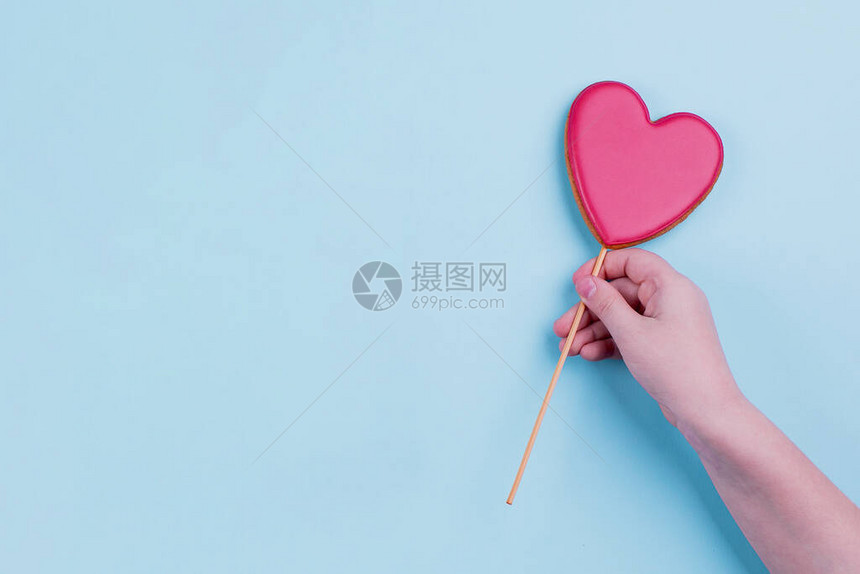 手握着粉红心甜饼干塑造了心脏假日贺卡概念蓝面纸背景顶视平图片