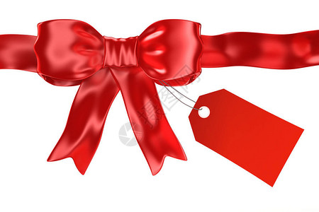 闪亮的缎面红丝带有白色隔离的礼品标签背景图片